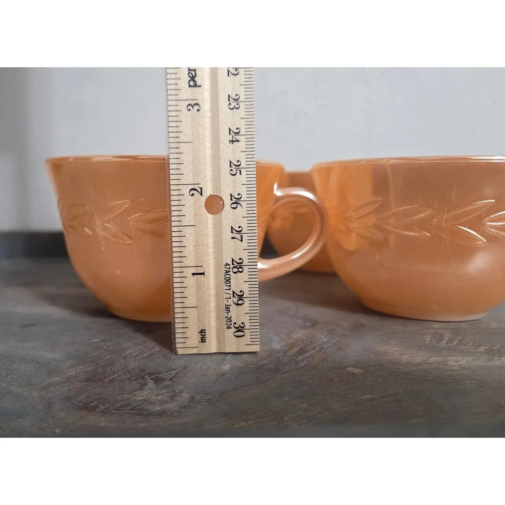 Fire-King Peach Lustre Laurel Tea Cups Set of 4 Vintage Iridescent Milk Glass‎